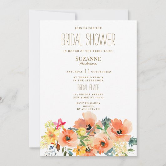 植物性オレンジイエローピンクフローラブライダルシャワー 招待状 (正面)