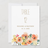植物性オレンジ色の黄色のピンクのフローラテーブル番号 招待状 (正面)