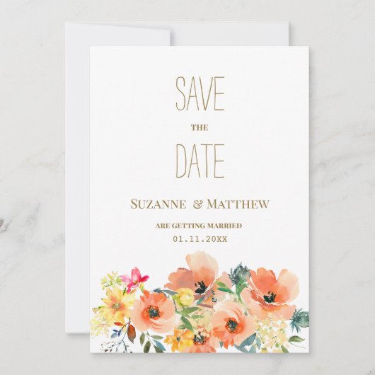 植物性オレンジ色の黄色のピンクのフローラ保存日付 招待状 (正面)