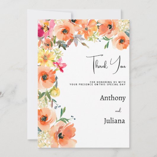 植物性オレンジ色の黄色のピンクの夏のフローラありがとう 招待状 (正面)