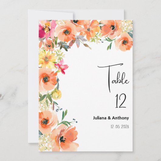 植物性オレンジ色の黄色の夏のフローラテーブル番号 招待状 (正面)