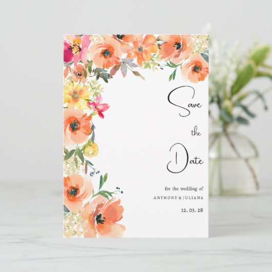 植物性オレンジ色の黄色の夏のフローラ保存日付 招待状 (スタンド正面)