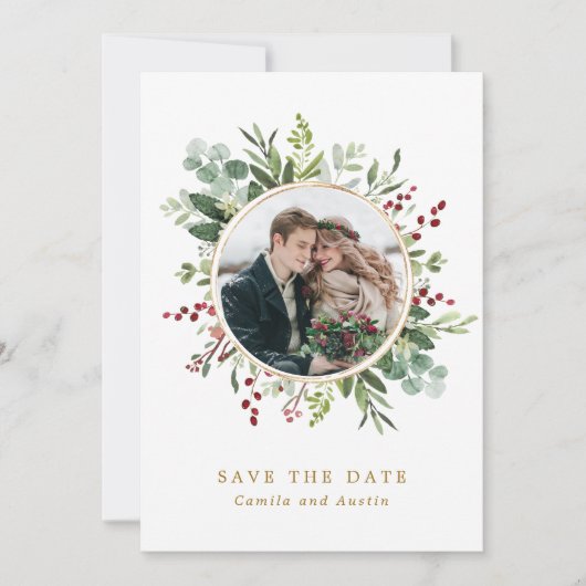 植物性クリスマスウィンターウェディング金ゴールド写真 セーブザデート (正面)