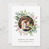 植物性クリスマスグリーン結婚したと写真メリー付き シーズンカード (正面)