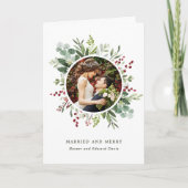 植物性クリスマスグリーン結婚したと写真メリー付き シーズンカード (正面)