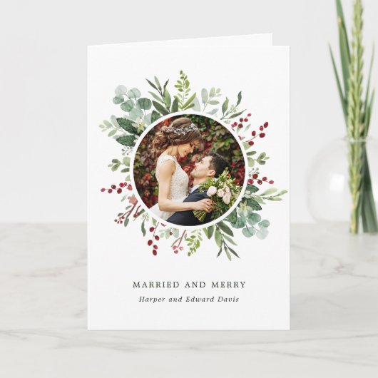 植物性クリスマスグリーン結婚したと写真メリー付き シーズンカード (正面)