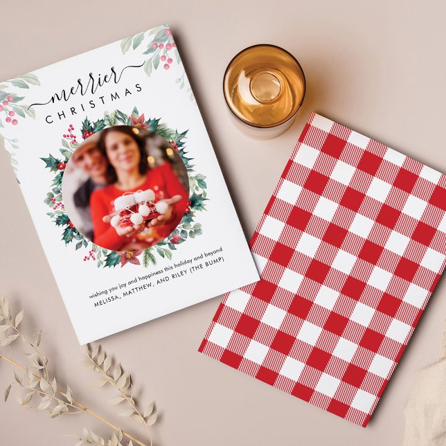 植物性クリスマスフォト妊娠発表 (Plaid Red Green Pregnancy Announcement Botanical Photo  Script Card)