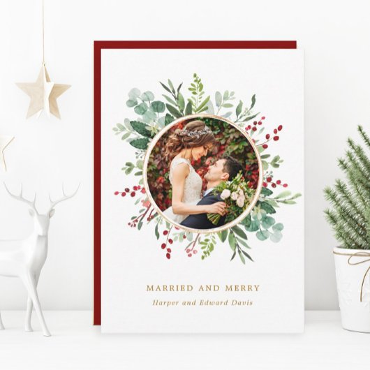 植物性クリスマス結婚した金ゴールドとメリー写真 シーズンカード