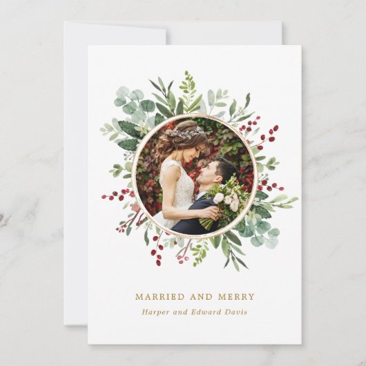 植物性クリスマス結婚した金ゴールドとメリー写真 シーズンカード (正面)