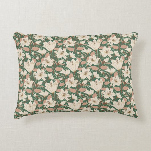 植物性グリーンベージュリリールフローラルパターン アクセントクッション (正面)