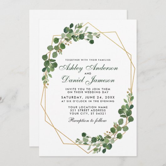 植物性グリーンユーカリ結婚の幾何学的 招待状 (正面/裏面)