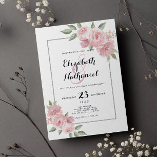 植物性コーラルピンクグリーンフローラ結婚アンパサンド 招待状