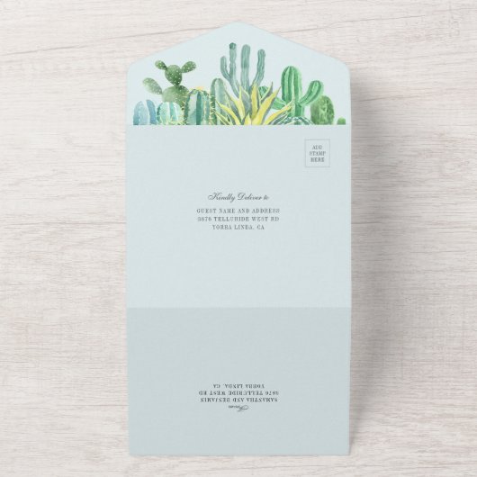 植物性サボテンの水彩植物モダンの結婚数 オールインワン招待状 (外側)
