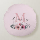 植物性シックなピンクの水色フローラモノグラム ラウンドクッション (正面)