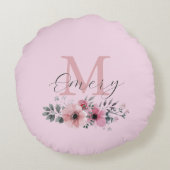 植物性シックなピンクの水色フローラモノグラム ラウンドクッション (裏面)