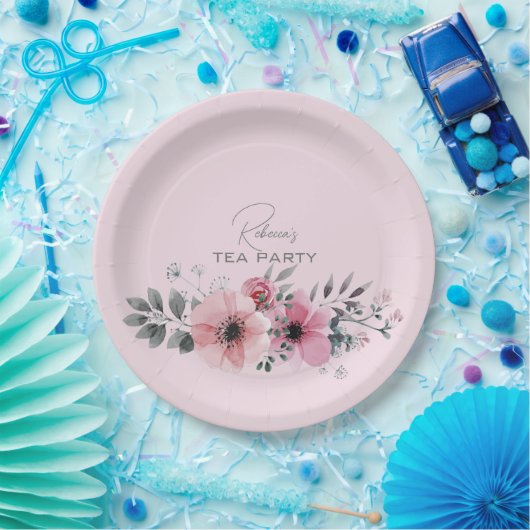 植物性シックなフローラエレガントグレーピンクの花 ペーパープレート (パーティー)