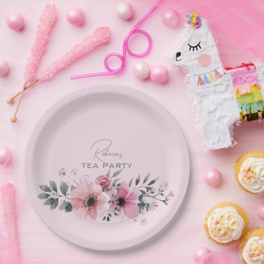 植物性シックなフローラエレガントグレーピンクの花 ペーパープレート (パーティー)