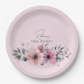 植物性シックなフローラエレガントグレーピンクの花 ペーパープレート (正面)