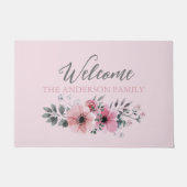 植物性シックな赤面ピンクの水色フローラ ドアマット (正面)