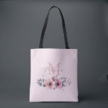 植物性シック赤面ピンクモノグラムのフローラ トートバッグ<br><div class="desc">植物性のシックなフローラエレガント植物は、灰色の赤面ピンクの花モノグラムトートバッグを葉。</div>