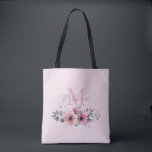 植物性シック赤面ピンクモノグラムのフローラ トートバッグ<br><div class="desc">植物性のシックなフローラエレガント植物は、灰色の赤面ピンクの花モノグラムトートバッグを葉。</div>