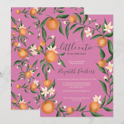 植物性シトラスオレンジ小かわいこちゃんピンク 招待状 (正面/裏面)