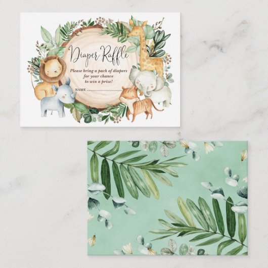 植物性ジャングル動物男の赤ちゃんおむつラッフル エンクロージャーカード (正面/裏面)