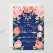 植物性ダークブルーとコーラル結婚花 – s 招待状 (正面)