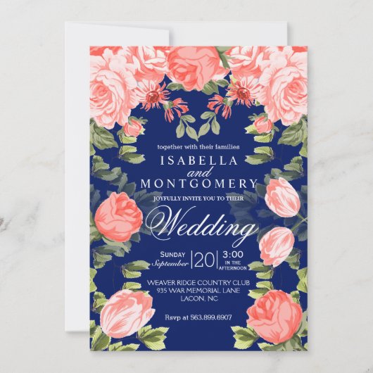 植物性ダークブルーとコーラル結婚花 – s 招待状 (正面)