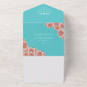 植物性ティール（緑がかった色）とサンゴ結婚の オールインワン招待状 (外側)