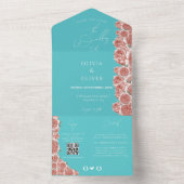 植物性ティール（緑がかった色）とサンゴ結婚の オールインワン招待状 (内側)