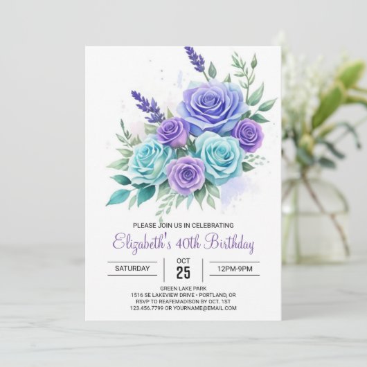 植物性ティール（緑がかった色）フローラサプライズ40歳の誕生日 招待状 (スタンド正面)