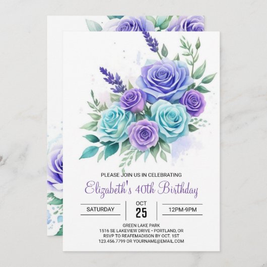 植物性ティール（緑がかった色）フローラサプライズ40歳の誕生日 招待状 (正面/裏面)