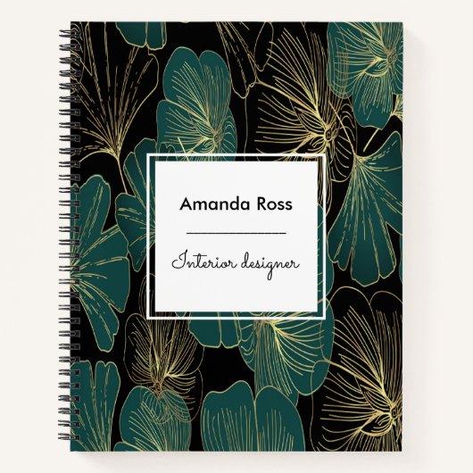 植物性ティール（緑がかった色）黒い花金ゴールドアクセント ノートブック (正面)