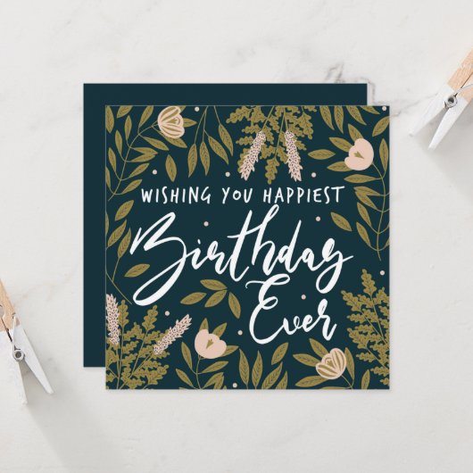 植物性トレンディーフローラタイポグラフィハッピーバースデー カード (正面/裏面インサイチュ)