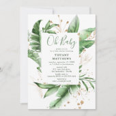 植物性トロピカルリーフフレーム&金ゴールドベビーシャワー 招待状 (正面)