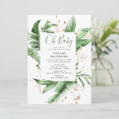 植物性トロピカルリーフフレーム&金ゴールドベビーシャワー 招待状 (スタンド正面)