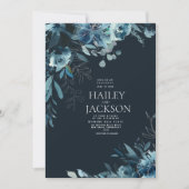 植物性ネイビーティール（緑がかった色）水色フローラ結婚ズ 招待状 (正面)
