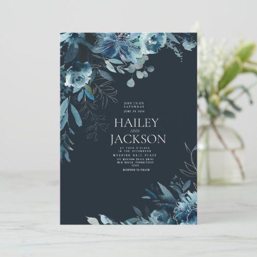 植物性ネイビーティール（緑がかった色）水色フローラ結婚ズ 招待状 (スタンド正面)