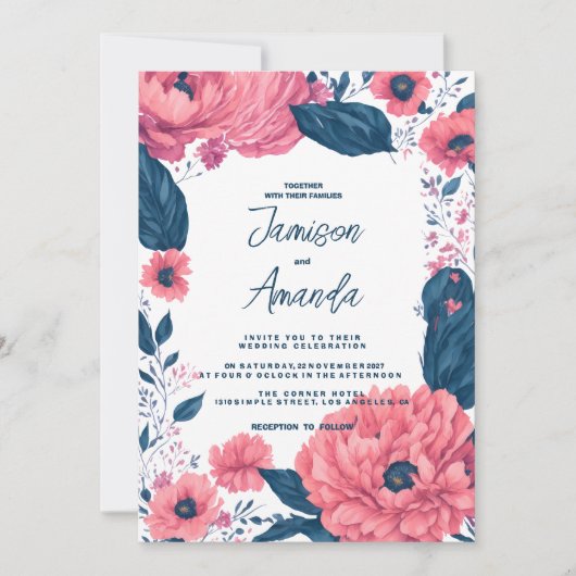 植物性ネイビーブルーピンク水色フローラ結婚ズ 招待状 (正面)