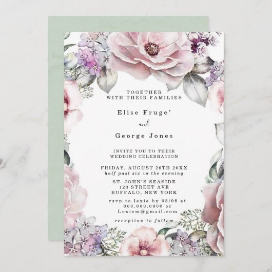 植物性バラ金ゴールドフローラ及びユーカリ結婚プス 招待状 (正面/裏面)