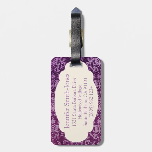 植物性パターン（の模様が）ある紫とクリーム ラゲッジタグ (裏面縦)