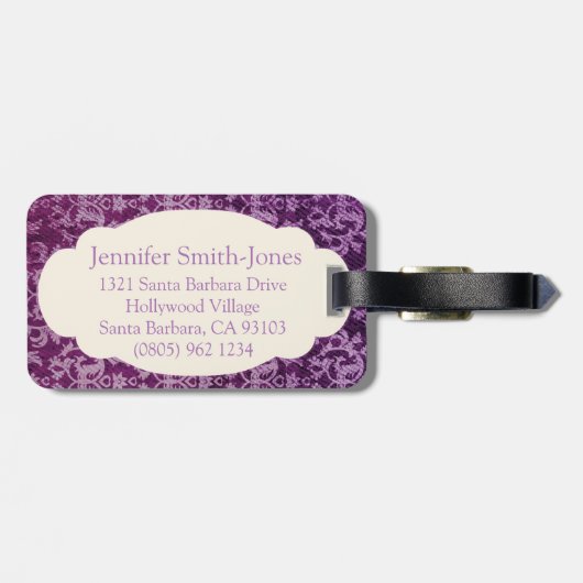 植物性パターン（の模様が）ある紫とクリーム ラゲッジタグ (裏面横)