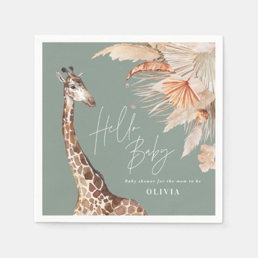 植物性パンパスグラスギラフェサファリージグリーン スタンダードカクテルナプキン (正面)