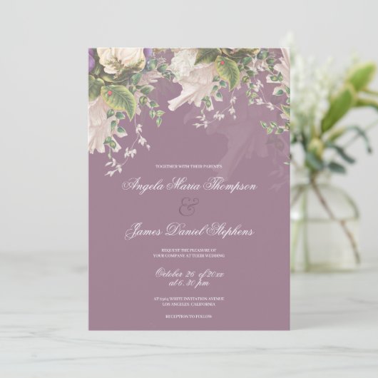 植物性パープルグリーンピンクアイボリー結婚フローラ 招待状 (スタンド正面)