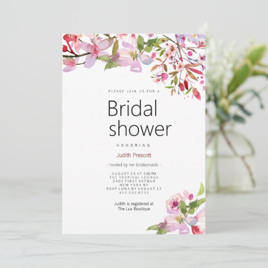 植物性ピンクさくらんぼ花の夏ブライダルシャワー 招待状 (スタンド正面)