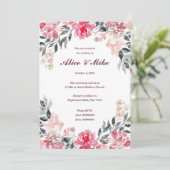 植物性ピンクとグレーの水色の花が咲き乱 招待状 (スタンド正面)