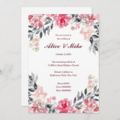 植物性ピンクとグレーの水色の花が咲き乱 招待状 (正面/裏面)