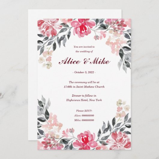 植物性ピンクとグレーの水色の花が咲き乱 招待状 (正面/裏面)