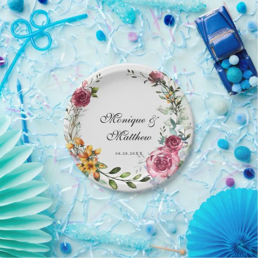 植物性ピンクとブルゴーニュのフローラ結婚ズ ペーパープレート (パーティー)